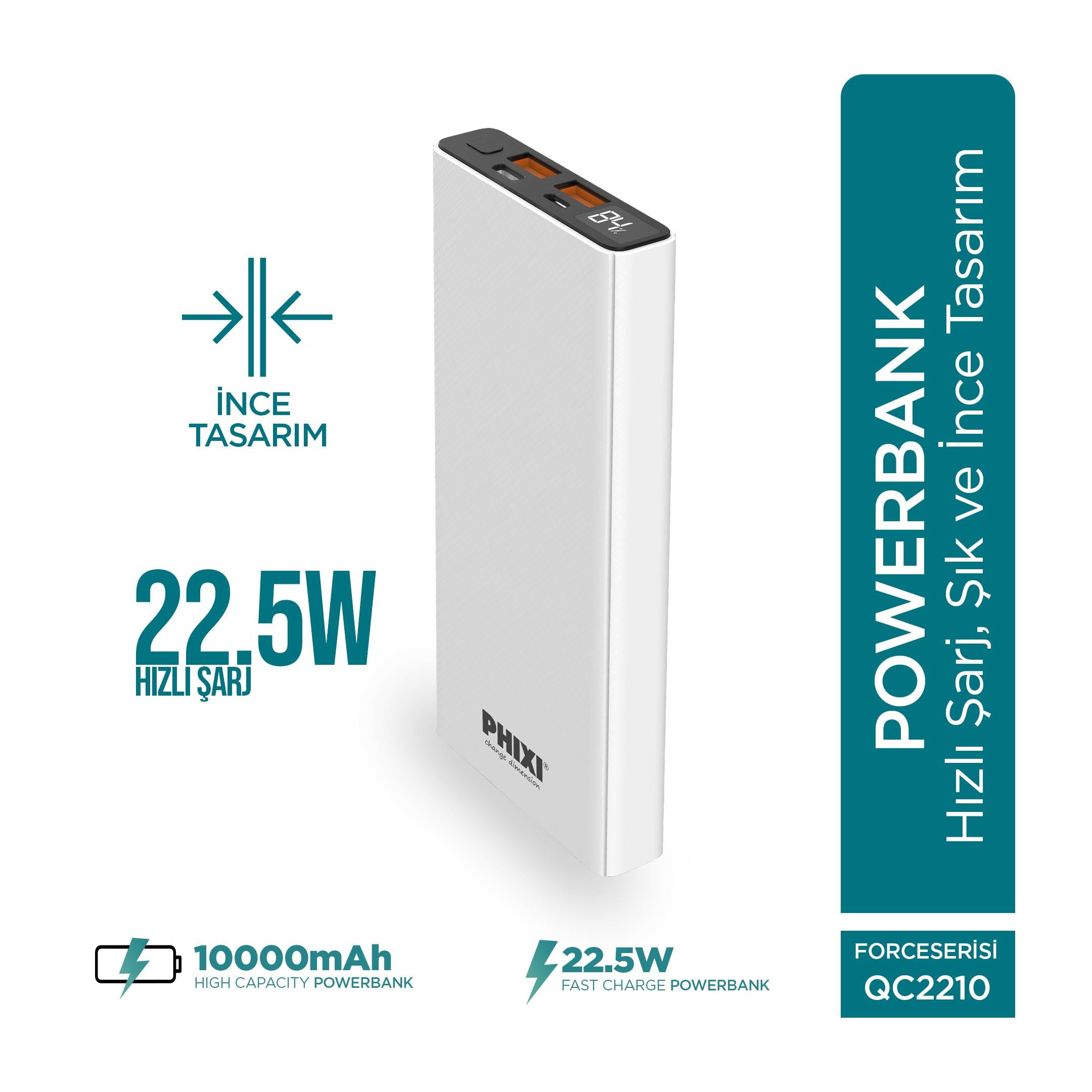 Phixi Force QC2210 10000mAh 22.5W Hızlı Şarj Cihazı  - Fast Powerbank - 2 USB 1 PD Port - Dijital Ekran - Taşınabilir Şarj Cihazı