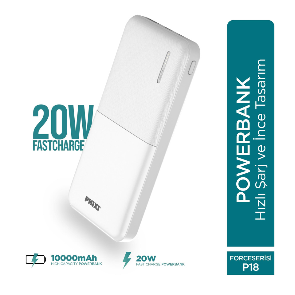 Phixi Basic P18 22.5W 10000mAh Hızlı Şarj Cihazı - PD Powerbank - 1 PD 1 USB Port LED Gösterge - Taşınabilir Şarj Cihazı