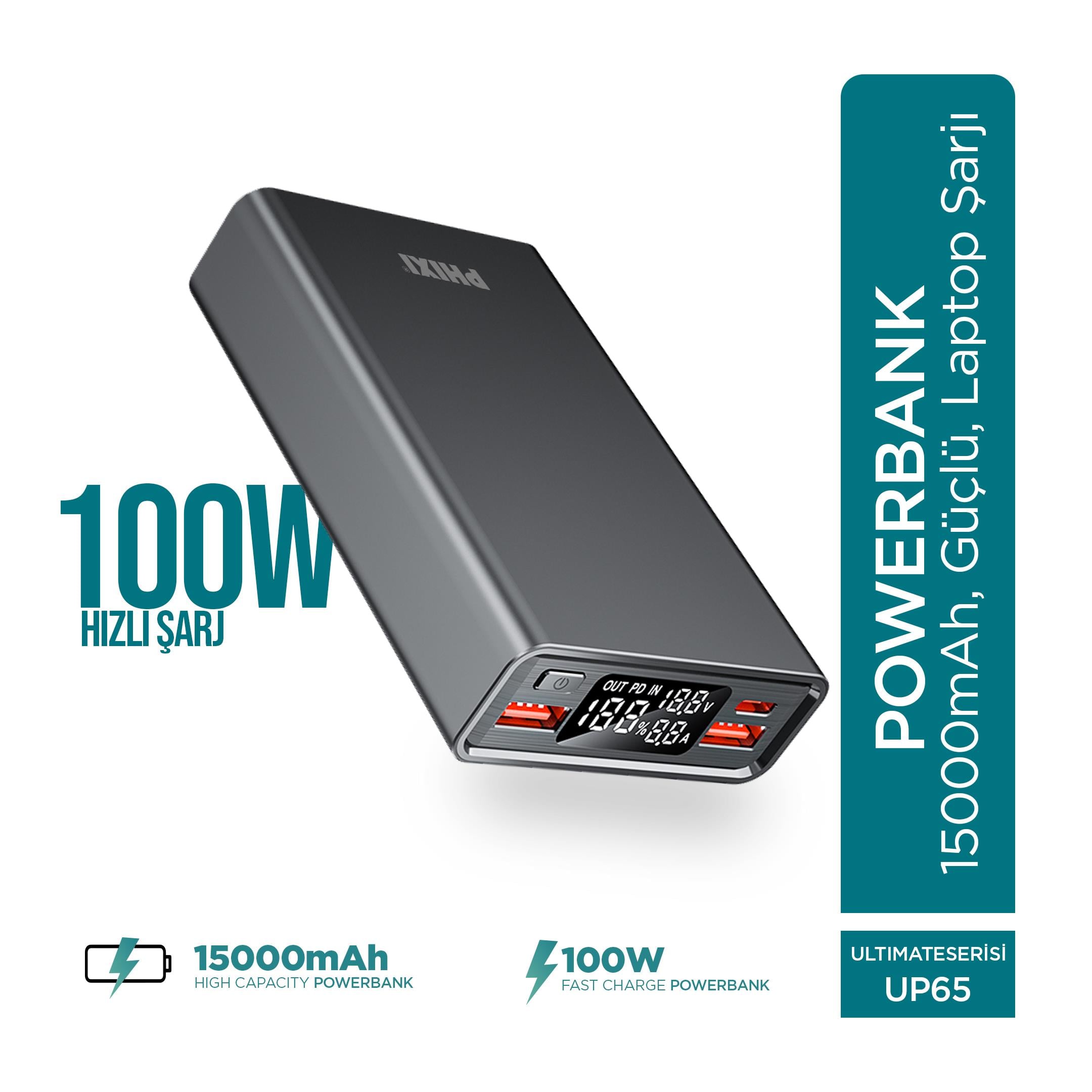 Phixi Ultimate UP65 15000mAh 100W Süper Hızlı Şarj Cihazı  - Laptop Şarj Edebilir Powerbank - 2 USB 2 PD Port - Dijital Ekran - Taşınabilir Şarj Cihazı