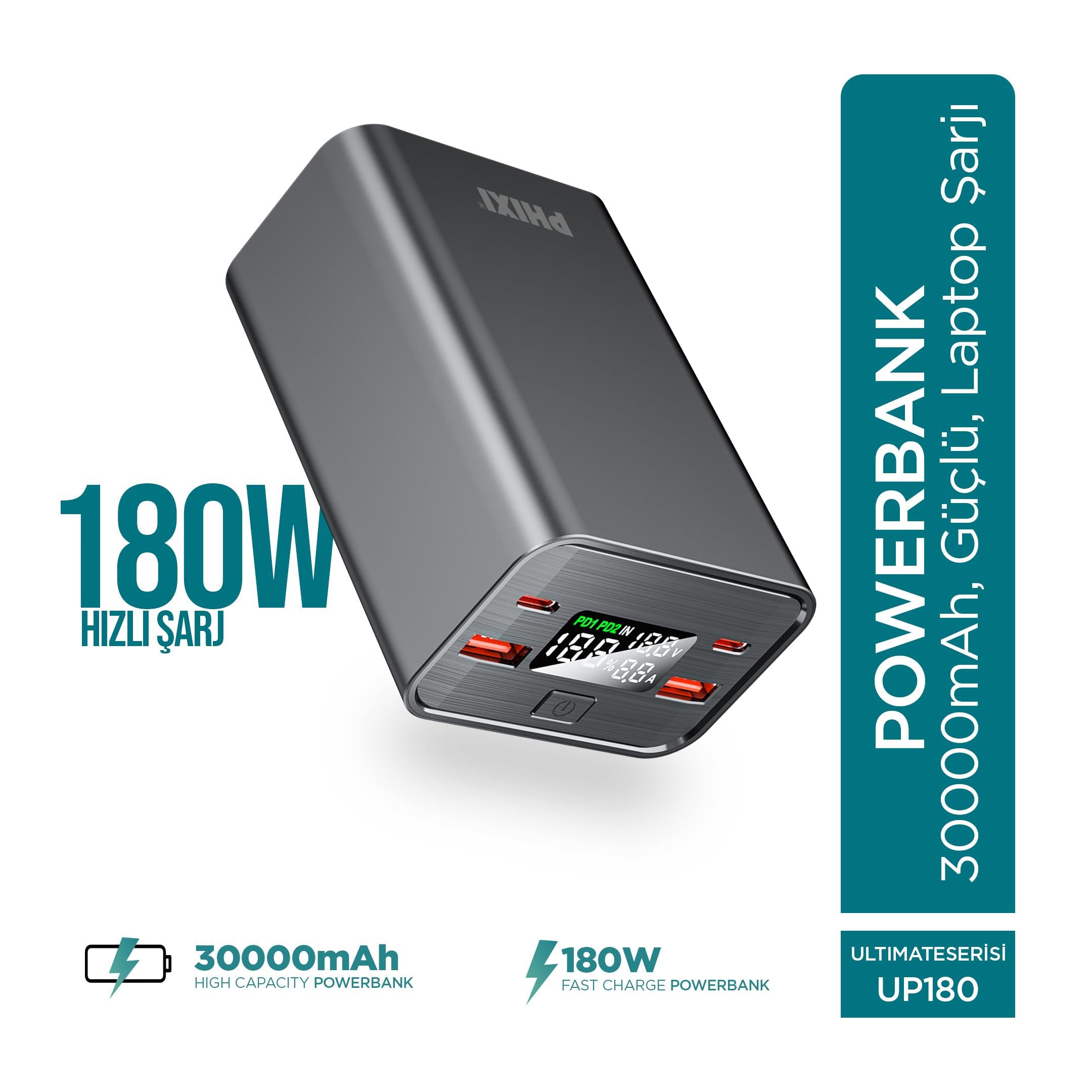Phixi Ultimate UP180 30000mAh 180W Süper Hızlı Şarj Cihazı  - Laptop Şarj Edebilir Powerbank - 2 USB 2 PD Port - Dijital Ekran - Taşınabilir Şarj Cihazı