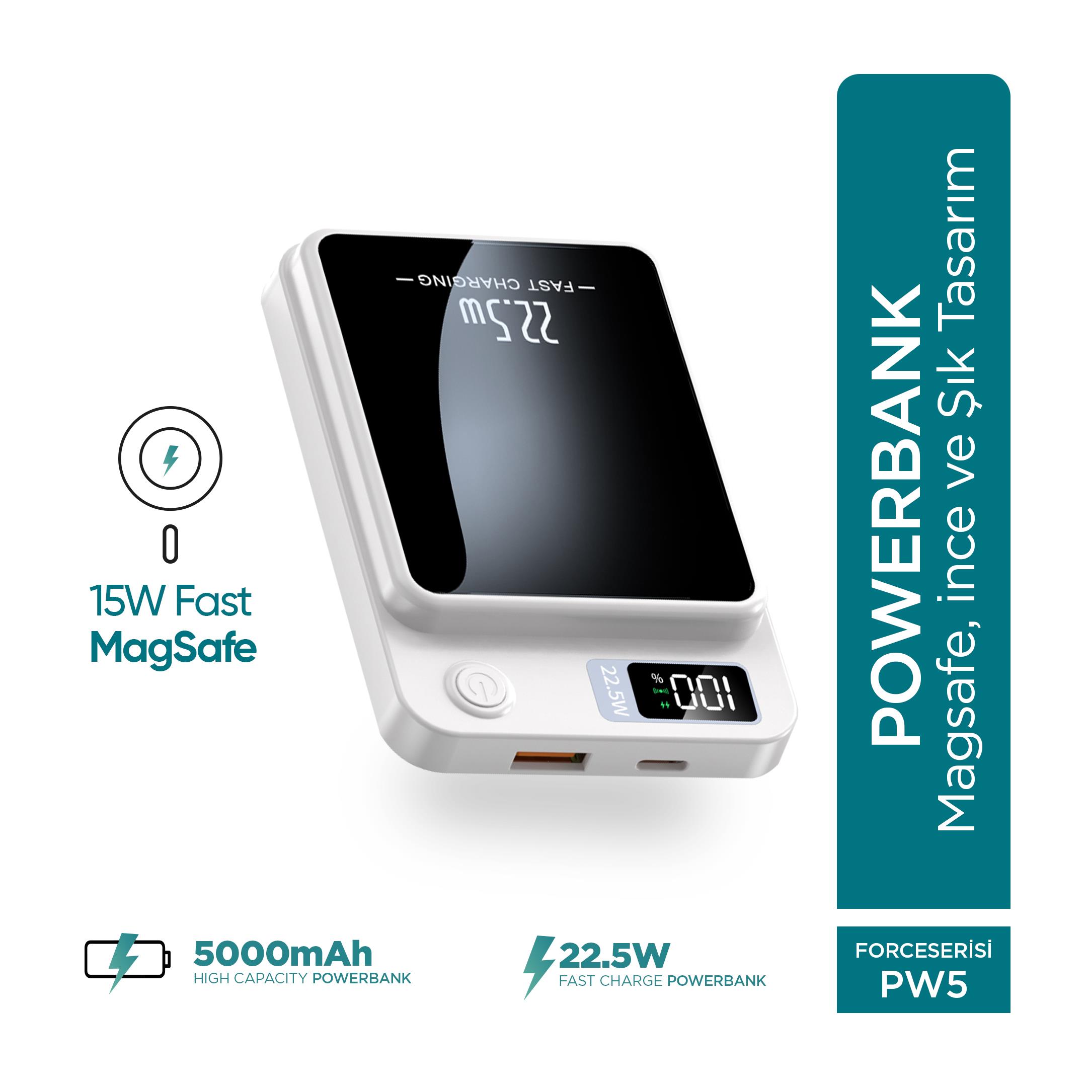 Phixi Force PW5 5000mAh 22.5W MagSafe Powerbank  - Kablosuz Mini Şarj Cihazı - 1 USB 1 PD Port - Dijital Ekran - Taşınabilir Şarj Cihazı