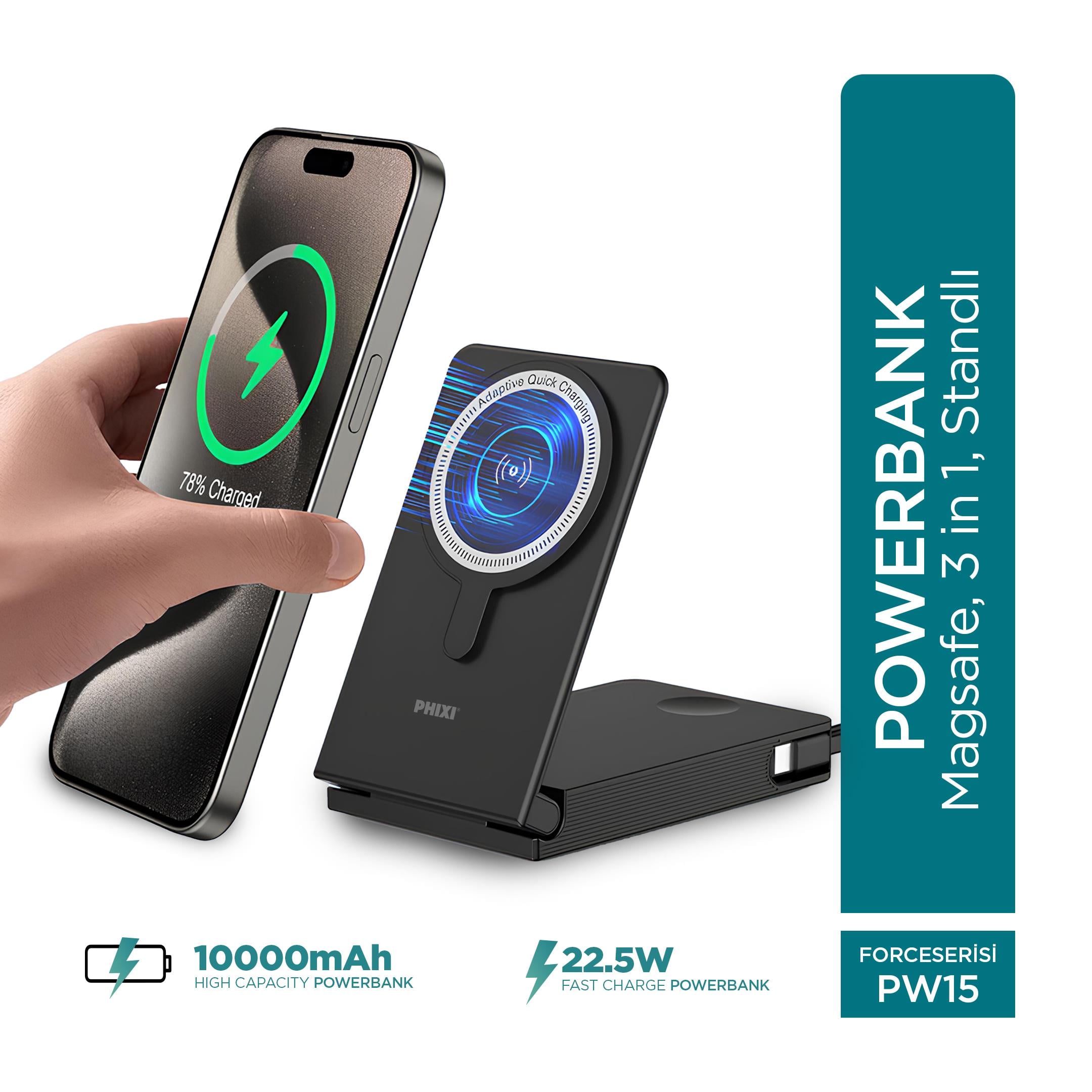 Phixi Ultimate PW15 10000mAh 22.5W Kendinden Kablolu MagSafe Powerbank + Watch + Stand - Kablosuz  Şarj Cihazı - 1 PD  1 USB Port - Dijital Ekran - Taşınabilir Şarj Cihazı