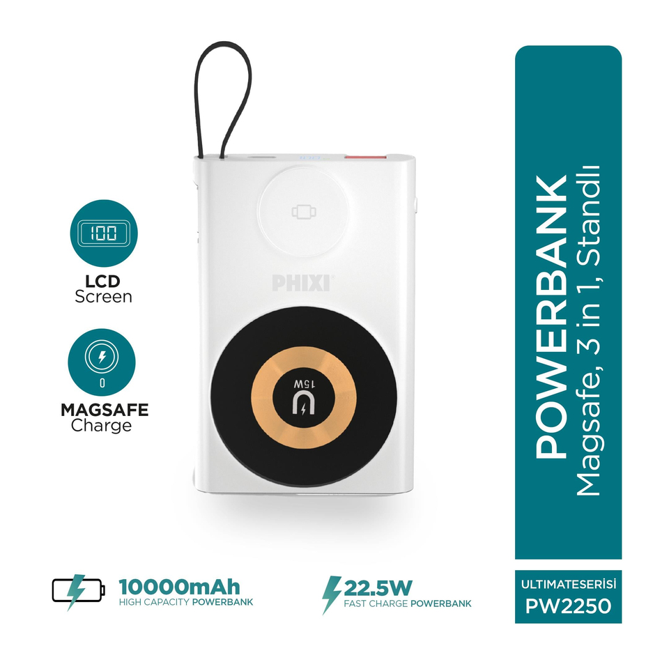 Phixi Ultimate PW2250 10000mAh 22.5W Kendinden Kablolu MagSafe Powerbank + Watch + Stand - Kablosuz  Şarj Cihazı - 1 PD  1 USB Port - Dijital Ekran - Taşınabilir Şarj Cihazı