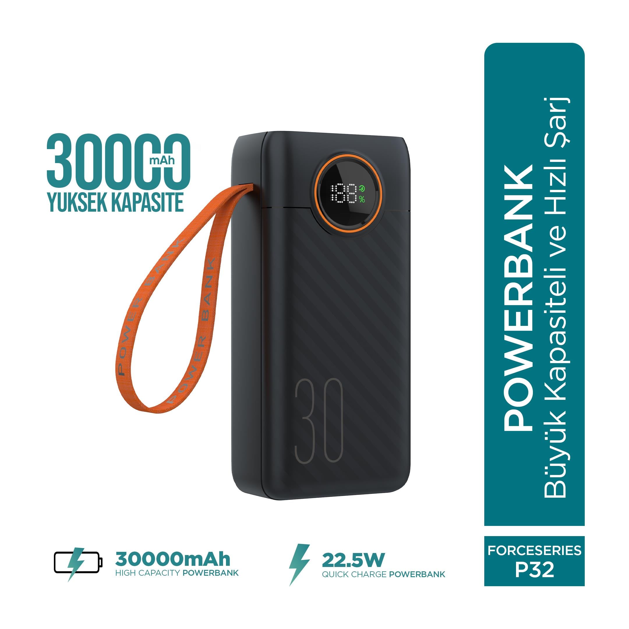Phixi Force P32 30000mAh 22.5W Hızlı Şarj Cihazı - Dahili Kablolu  - Fast Powerbank  - Dijital Ekran - Taşınabilir Şarj Cihazı