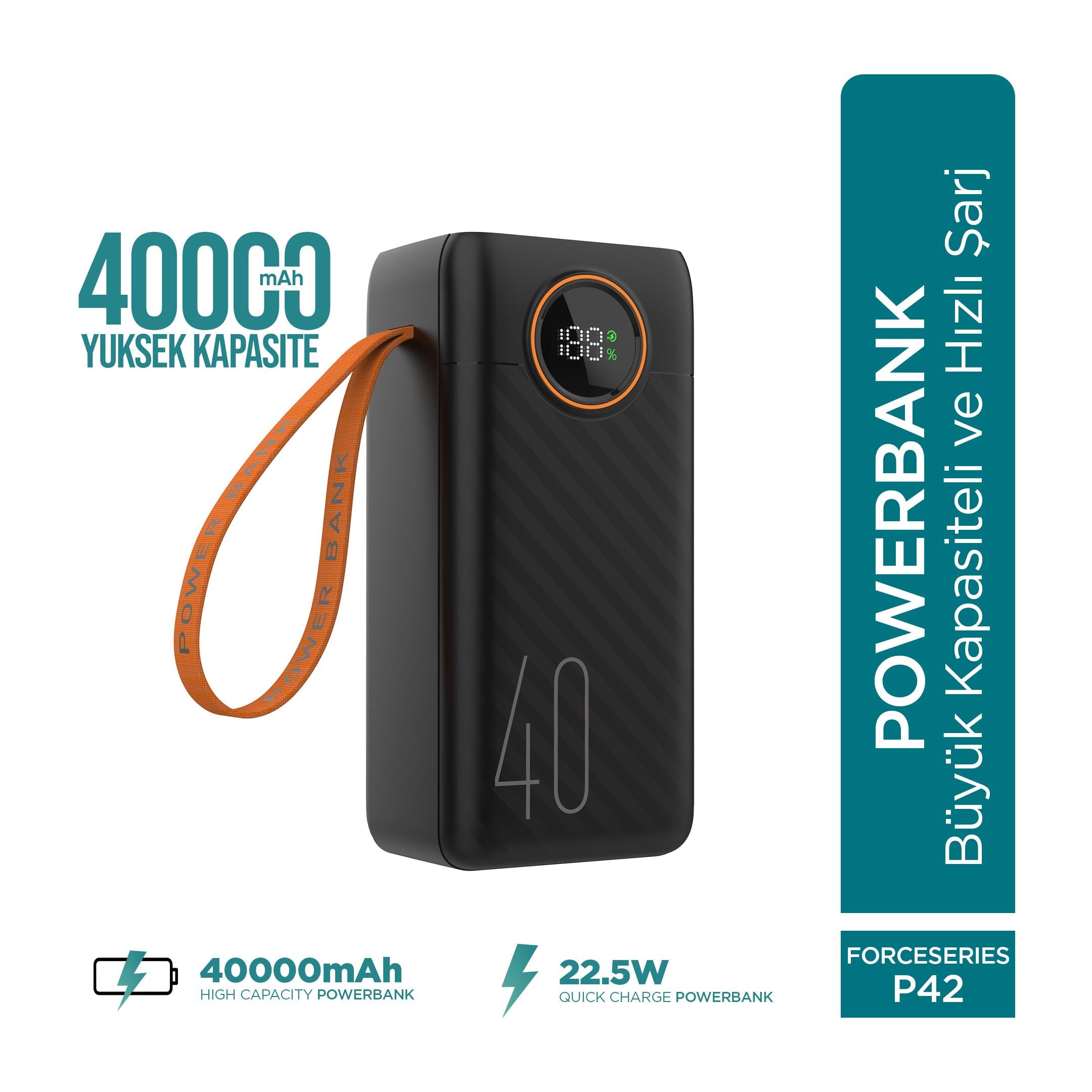 Phixi Force P42 40000mAh 22.5W Hızlı Şarj Cihazı - Dahili Kablolu  - Fast Powerbank  - Dijital Ekran - Taşınabilir Şarj Cihazı