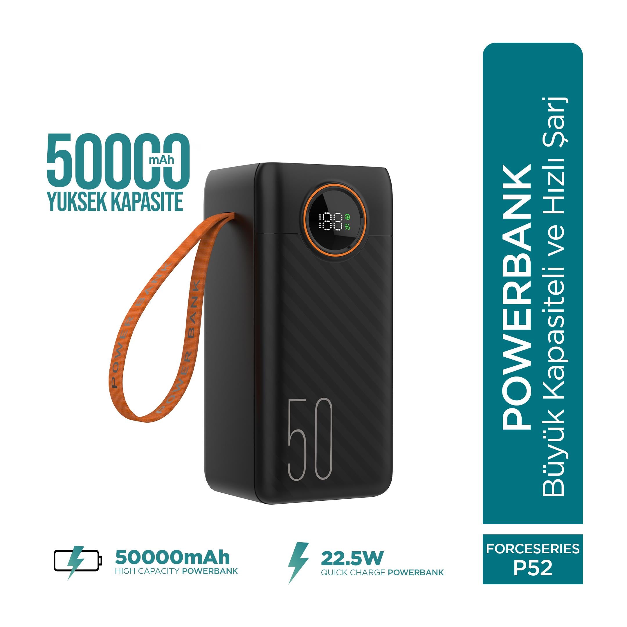 Phixi Force P52 50000mAh 22.5W Hızlı Şarj Cihazı - Dahili Kablolu  - Fast Powerbank  - Dijital Ekran - Taşınabilir Şarj Cihazı