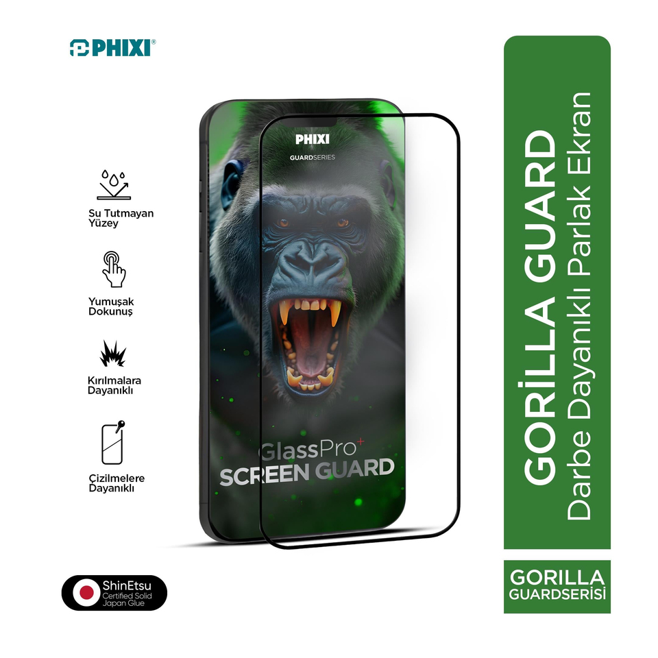 Phixi Gorilla Guard iPhone 16 Pro Kırılmaz Cam – HD Temperli, Tekrar Yapışabilir, Suyla Temizlenebilir, Anti-Statik, Süper Kavisli Ekran Koruyucu