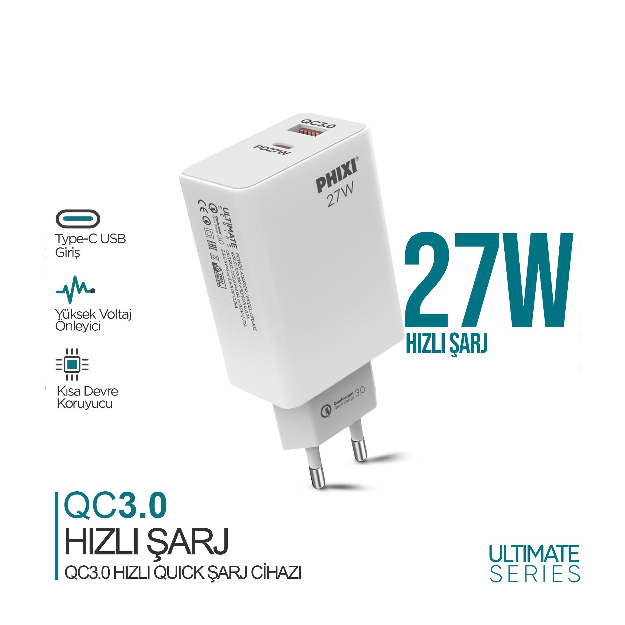 Phixi Ultimate UPD4225 27W PD Çift Çıkışlı Hızlı Şarj Adaptörü