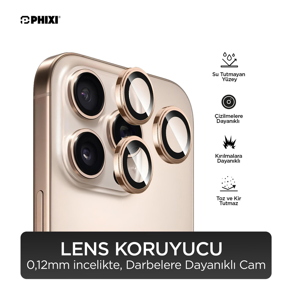 Phixi Premium Guard Serisi  – iPhone 16 Pro / Pro Max Uyumlu Desert Titanyum Kamera Lens Koruyucu | Safir Cam, Kırılmaz, Gerçek Görünüm