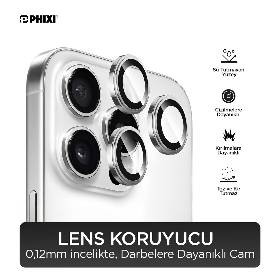 Phixi Premium Guard Serisi  – iPhone 16 Pro / Pro Max Uyumlu White Titanyum Kamera Lens Koruyucu | Safir Cam, Kırılmaz, Gerçek Görünüm