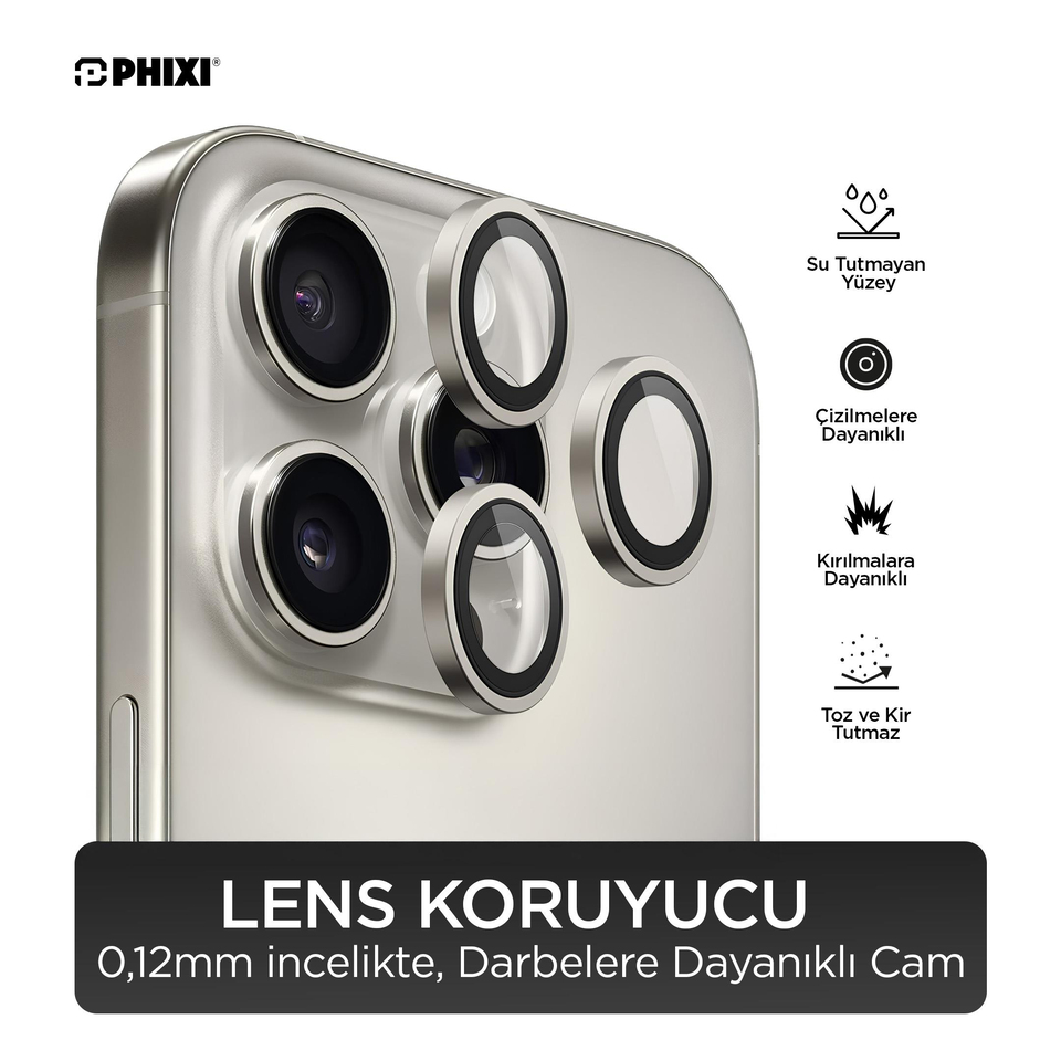 Phixi Premium Guard Serisi  – iPhone 16 Pro / Pro Max Uyumlu Natural Titanyum Kamera Lens Koruyucu | Safir Cam, Kırılmaz, Gerçek Görünüm