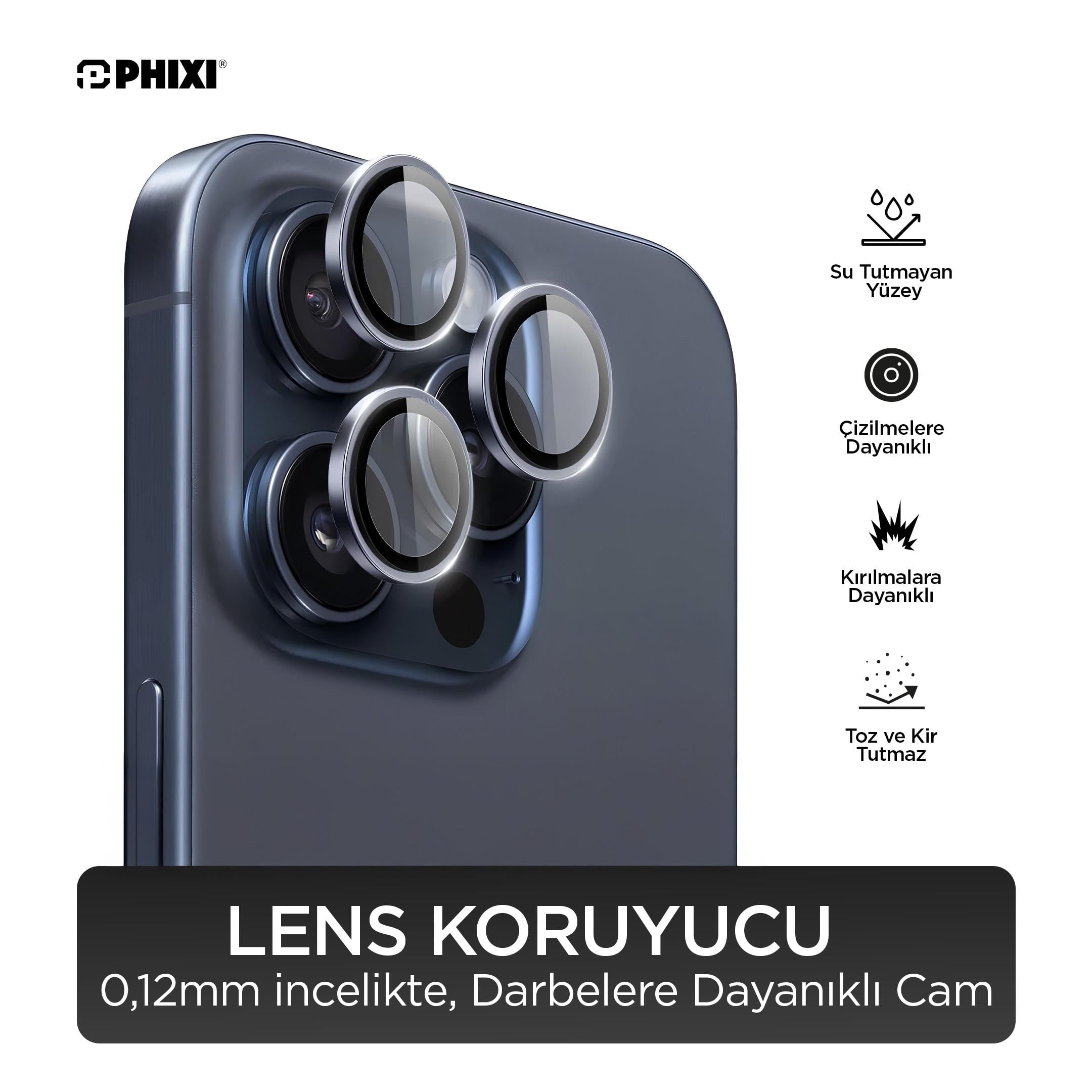 Phixi Premium Guard Serisi  – iPhone 15 Pro / Pro Max Uyumlu Blue Titanium Kamera Lens Koruyucu | Safir Cam, Kırılmaz, Gerçek Görünüm