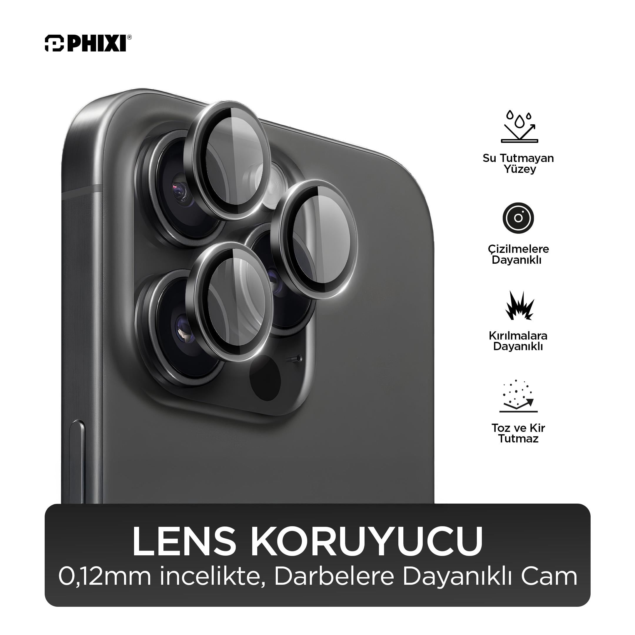 Phixi Premium Guard Serisi  – iPhone 15 Pro / Pro Max Uyumlu Black Titanium Kamera Lens Koruyucu | Safir Cam, Kırılmaz, Gerçek Görünüm