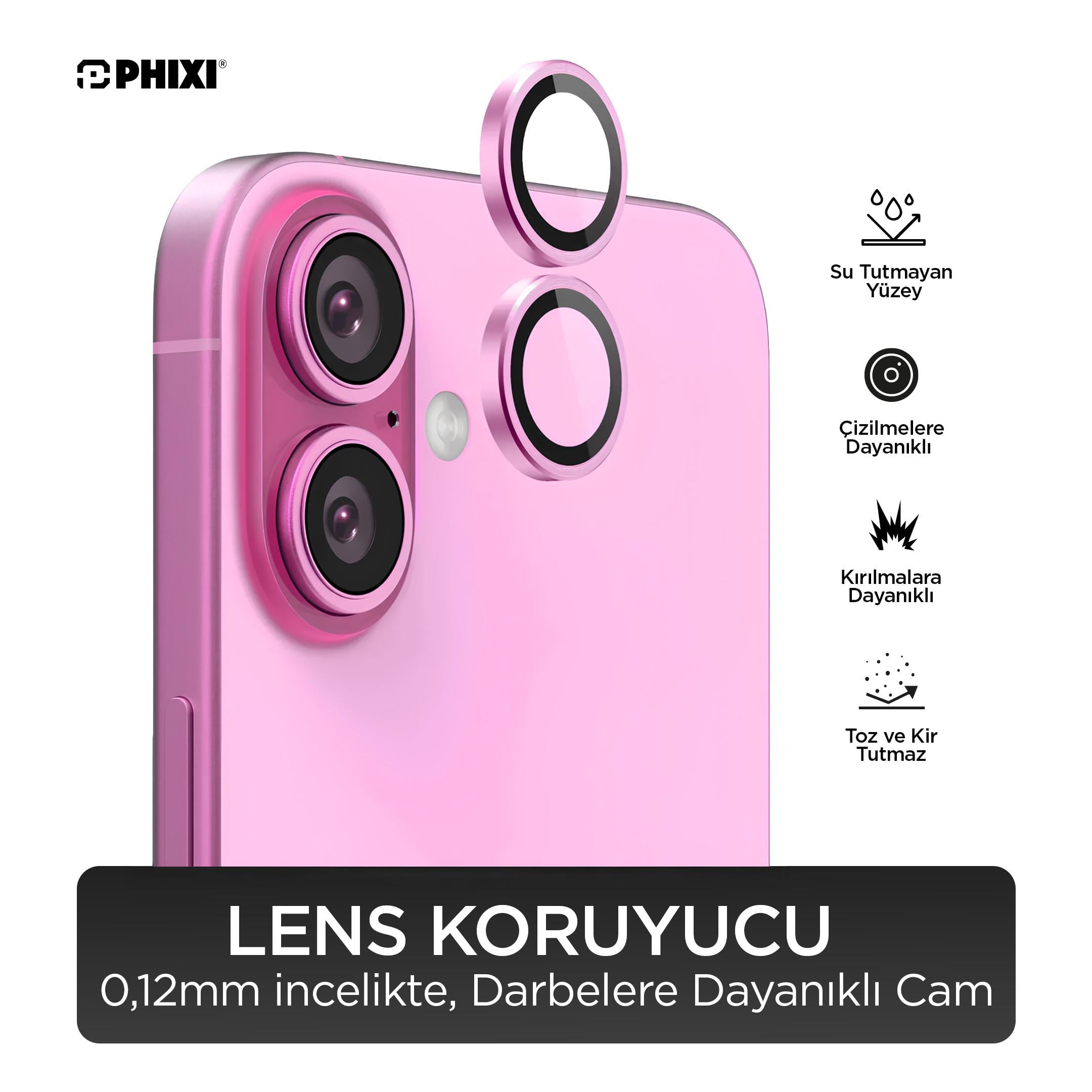 Phixi Premium Guard Serisi  – iPhone 16 / Plus Uyumlu Pink Kamera Lens Koruyucu | Safir Cam, Kırılmaz, Gerçek Görünüm