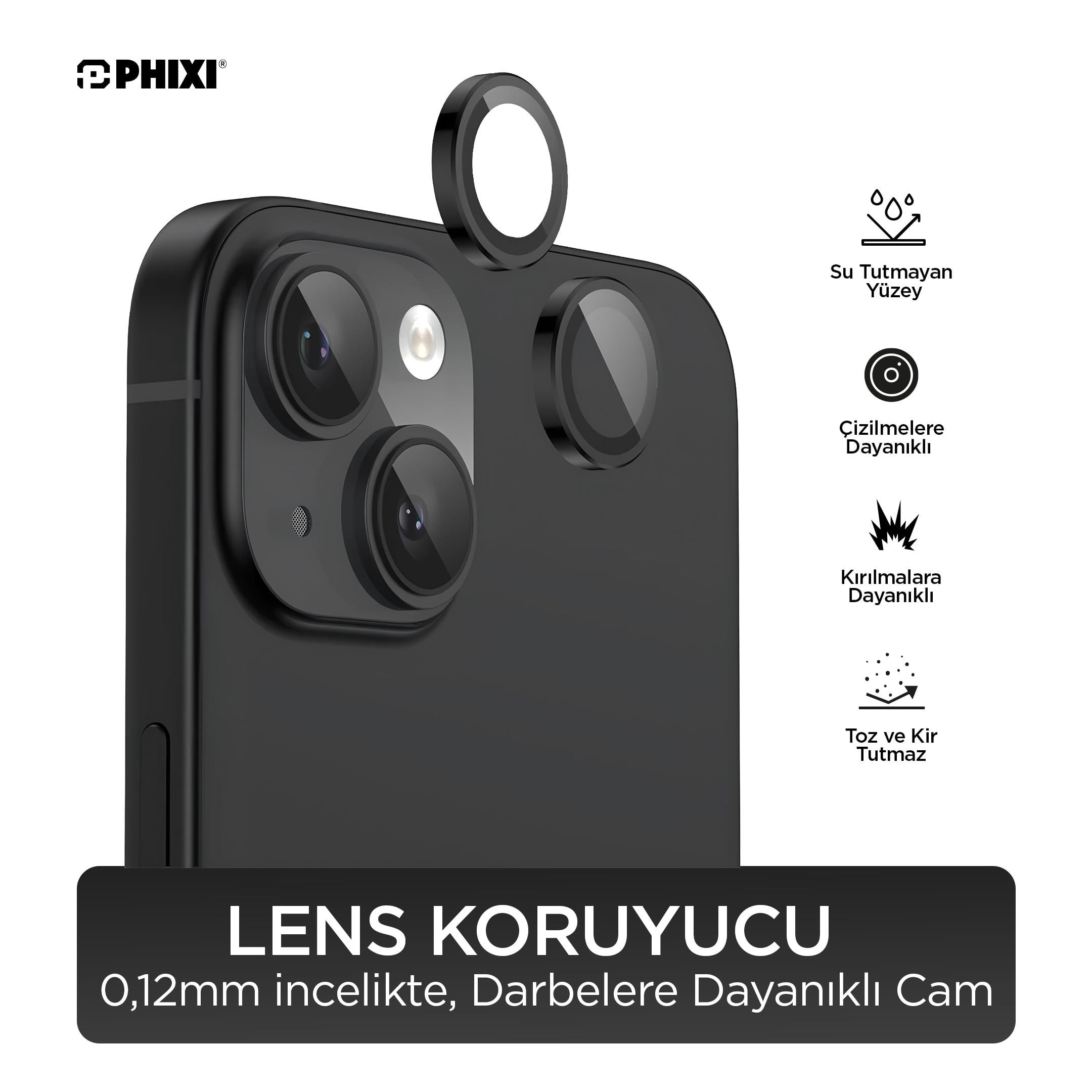 Phixi Premium Guard Serisi  – iPhone 15 / Plus Uyumlu Black Kamera Lens Koruyucu | Safir Cam, Kırılmaz, Gerçek Görünüm