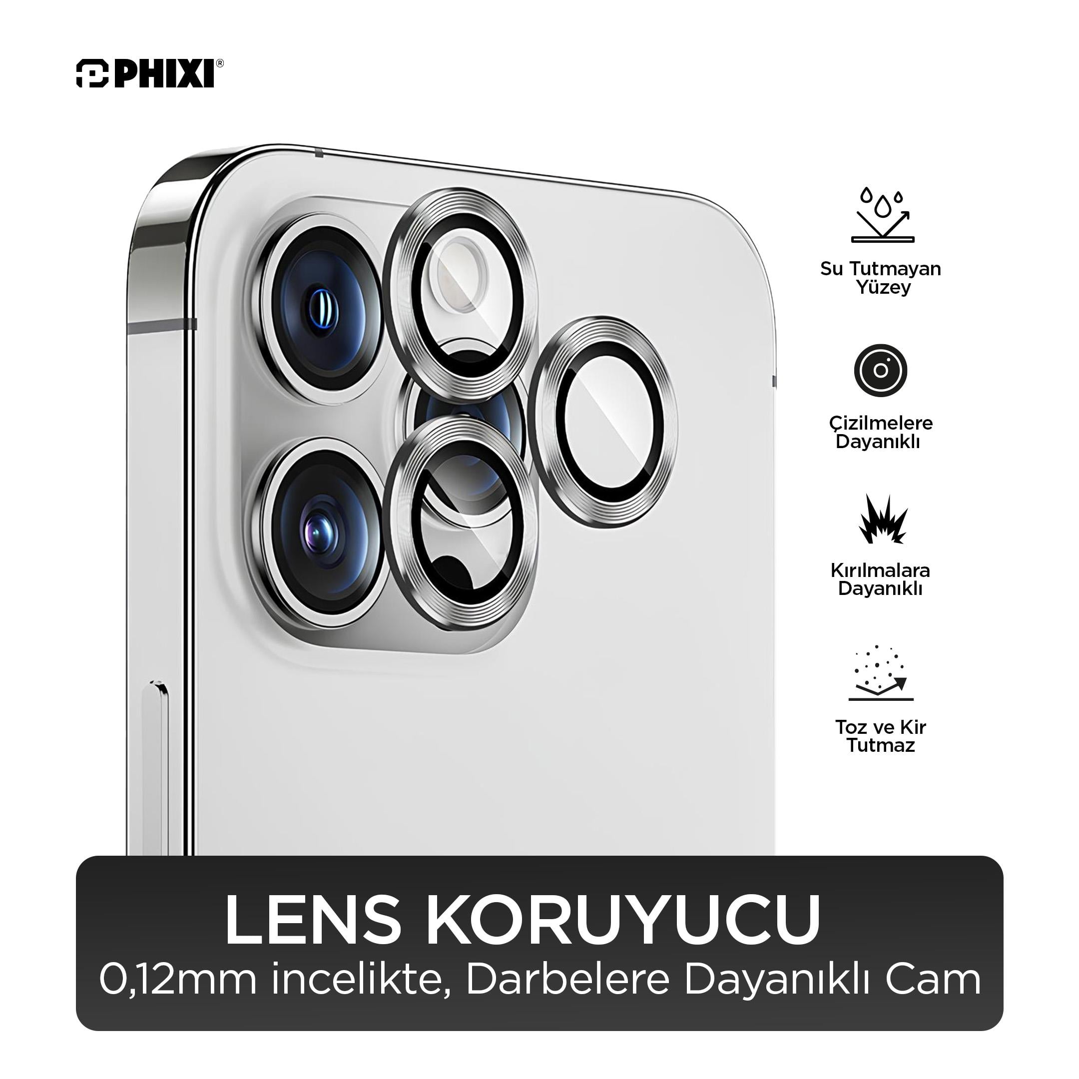 Phixi Premium Guard Serisi  – iPhone 14 Pro / Pro Max Uyumlu Silver Kamera Lens Koruyucu | Safir Cam, Kırılmaz, Gerçek Görünüm