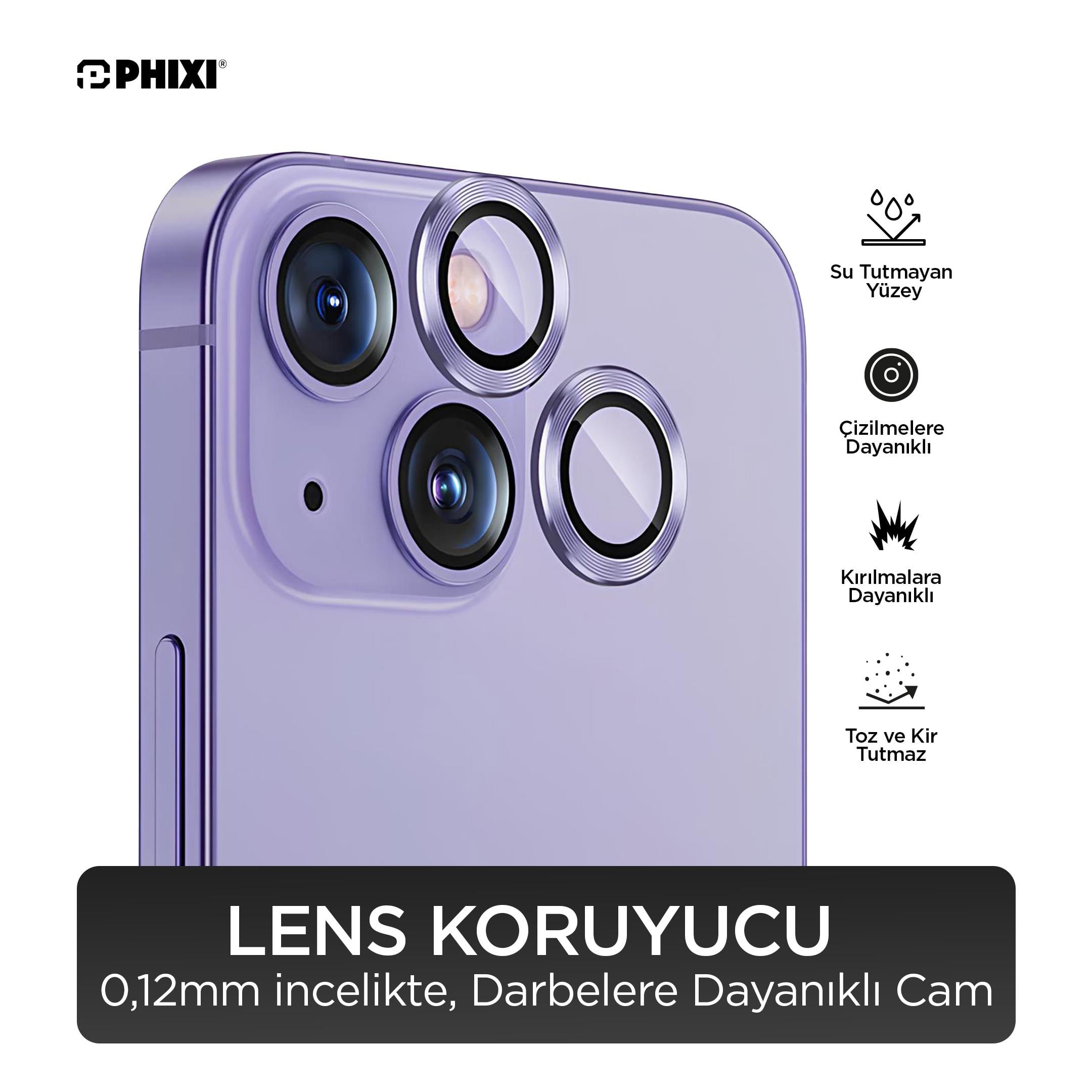 Phixi Premium Guard Serisi  – iPhone 14 / Plus Uyumlu Purple Kamera Lens Koruyucu | Safir Cam, Kırılmaz, Gerçek Görünüm