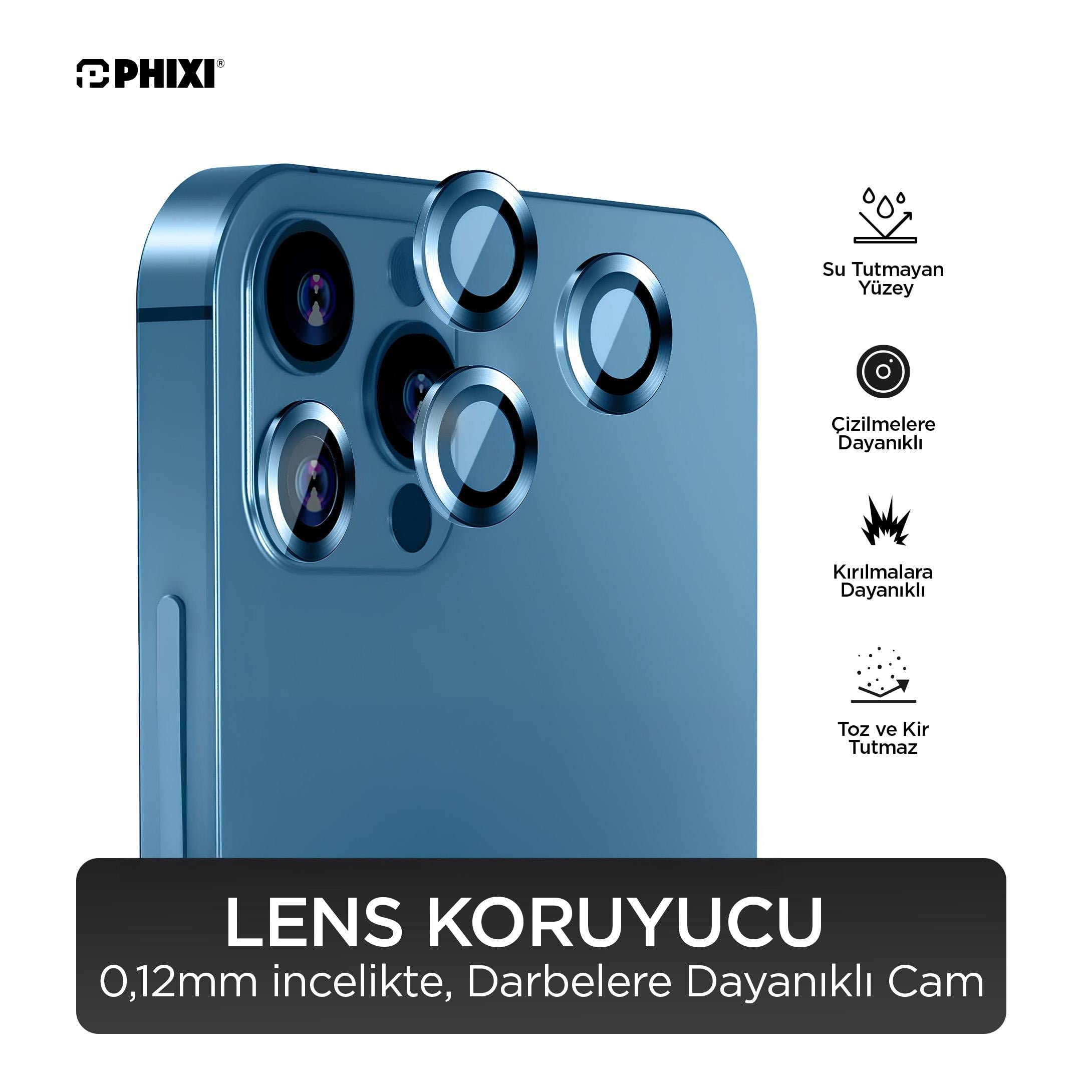 Phixi Premium Guard Serisi  – iPhone 13 Pro / Pro Max Uyumlu Sierra Blue Kamera Lens Koruyucu | Safir Cam, Kırılmaz, Gerçek Görünüm