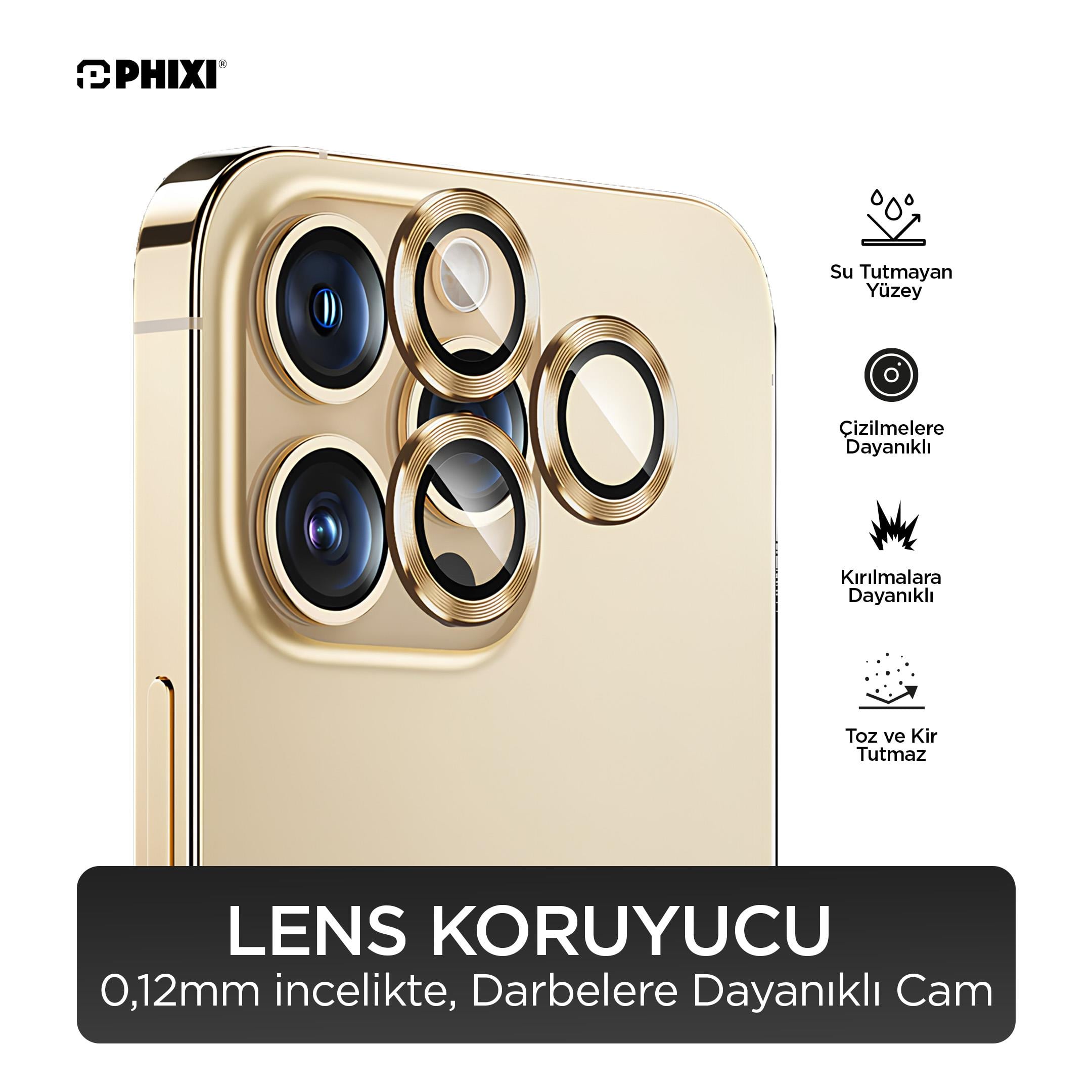 Phixi Premium Guard Serisi  – iPhone 13 Pro / Pro Max Uyumlu Gold Kamera Lens Koruyucu | Safir Cam, Kırılmaz, Gerçek Görünüm