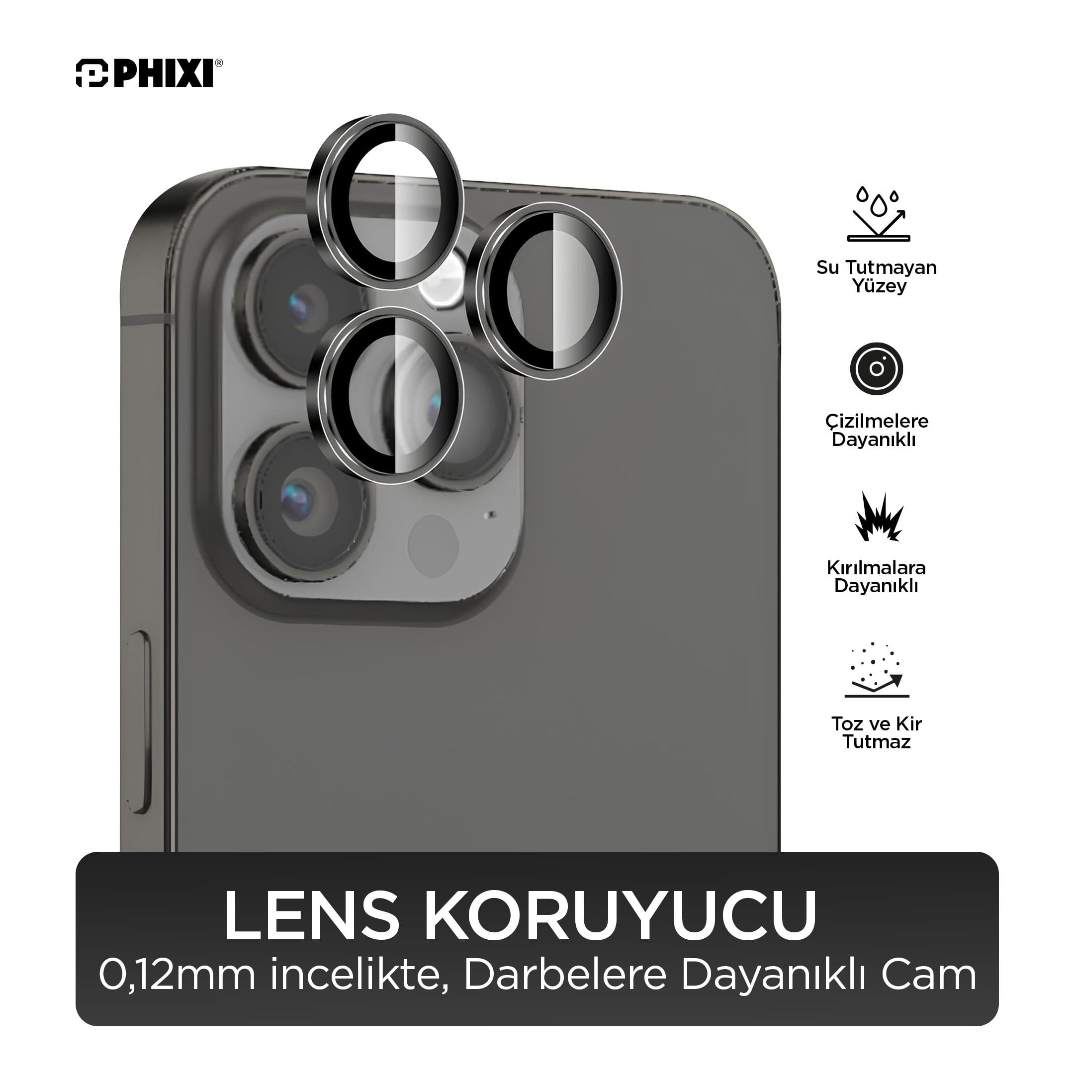 Phixi Premium Guard Serisi  – iPhone 13 Pro / Pro Max Uyumlu Black Kamera Lens Koruyucu | Safir Cam, Kırılmaz, Gerçek Görünüm