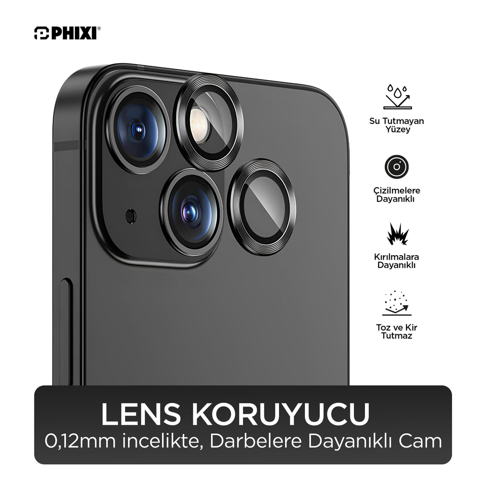 Phixi Premium Guard Serisi  – iPhone 13 Uyumlu Black Kamera Lens Koruyucu | Safir Cam, Kırılmaz, Gerçek Görünüm