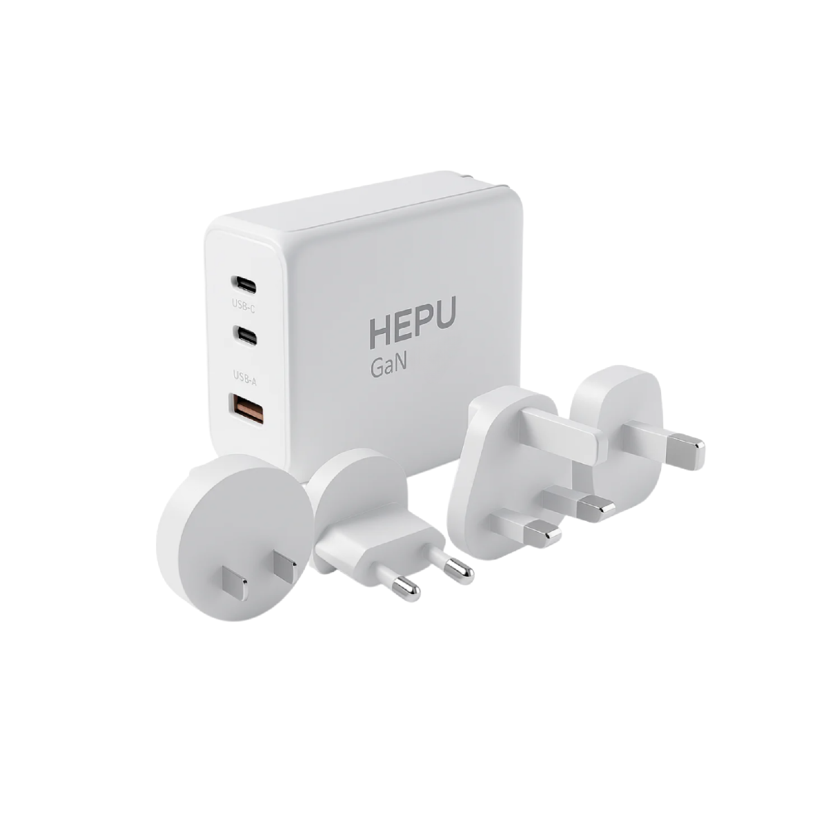 HEPU HP304 100W GaN Seyahat Adaptörü – 4 Farklı Ülke Uyumlu Başlık