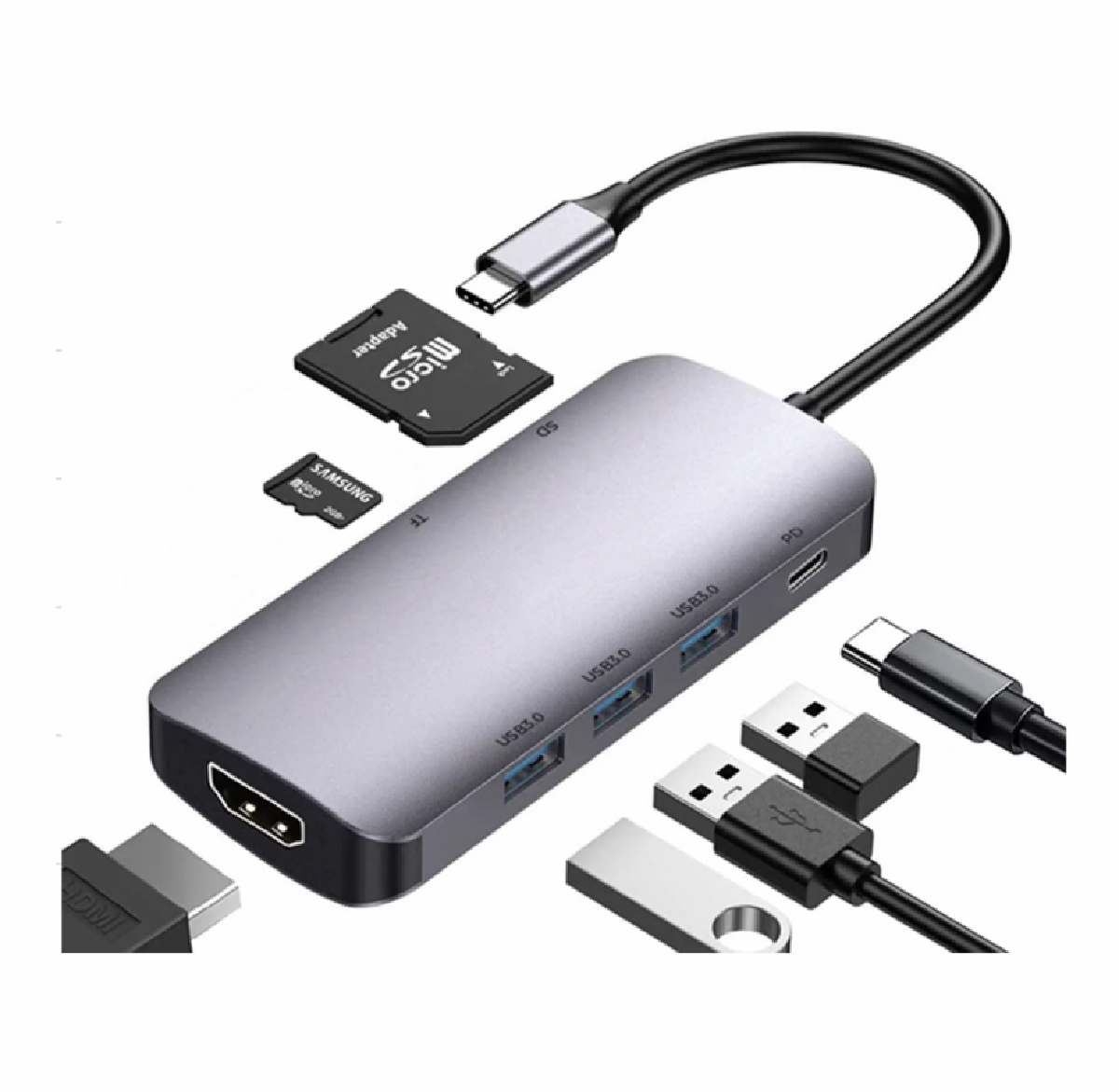 HEPU HP-B17 7-in-1 Type-C USB-C HUB – HDMI + 3x USB 3.0 + SD/TF Kart Okuyucu + Type-C PD Girişli Adaptör