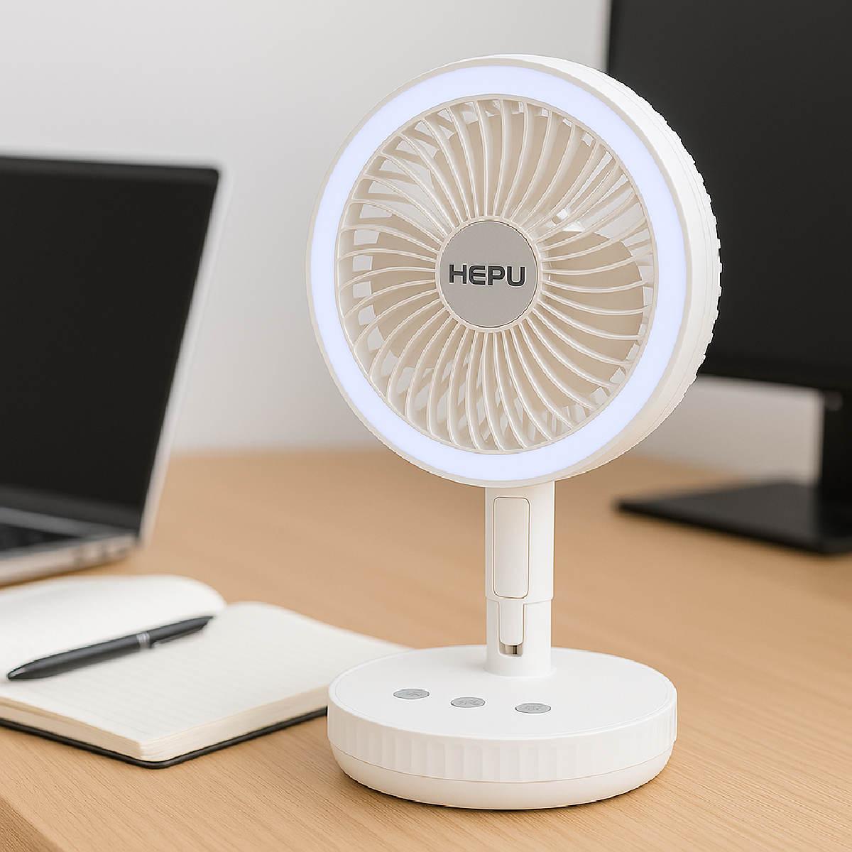 HEPU HP-F888 8" Katlanabilir Işıklı Masaüstü Fan – 4000mAh (2x2000mAh) Batarya, 180° Ayarlanabilir Gövde, Sessiz Çalışma, Yüksek Hava Akışı