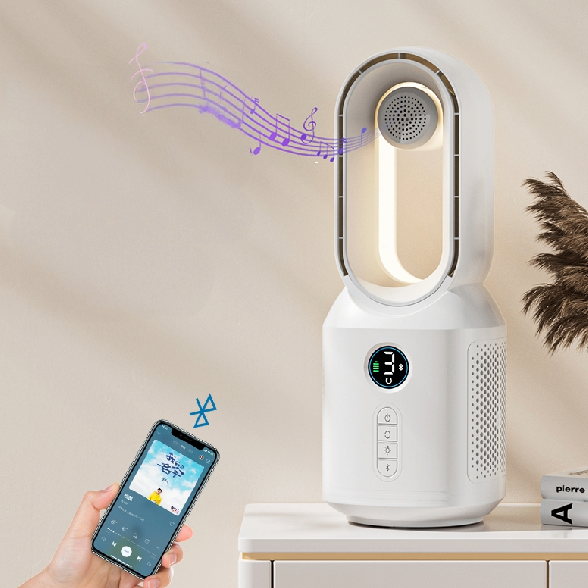 HEPU HP-F29 Sessiz Pervanesiz 360° Döner USB Şarjlı Masaüstü Fan – Bluetooth Hoparlörlü, Gece Lambalı, 3'ü 1 Arada Akıllı Tasarım