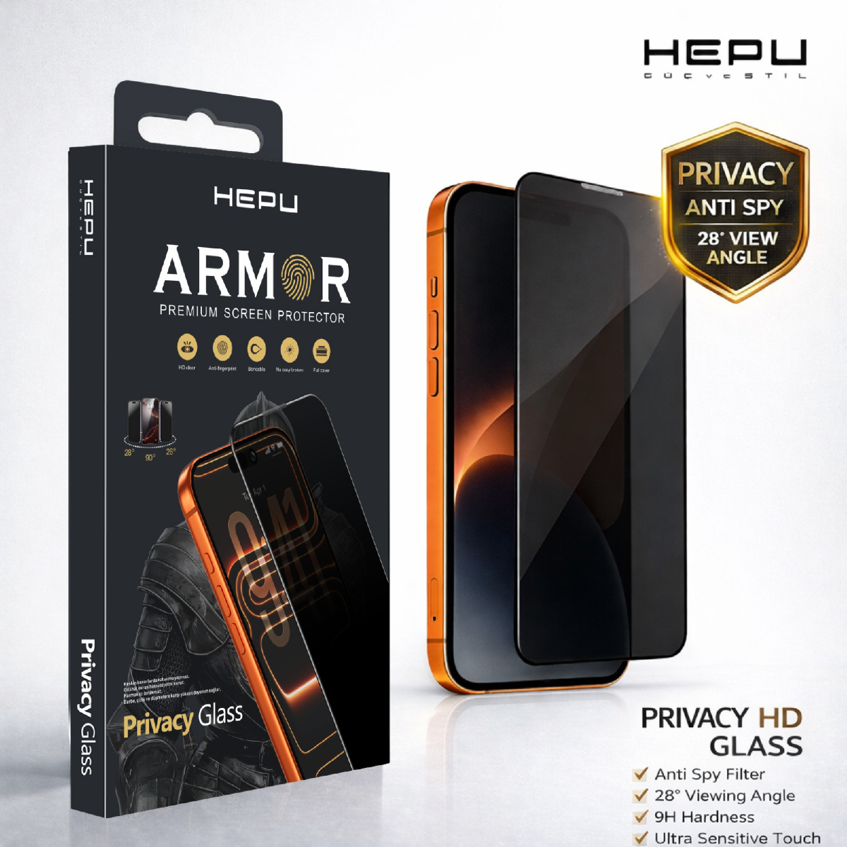 HEPU ARMOR Series Privacy Cam Ekran Koruyucu – iPhone 15 Pro Max Uyumlu
