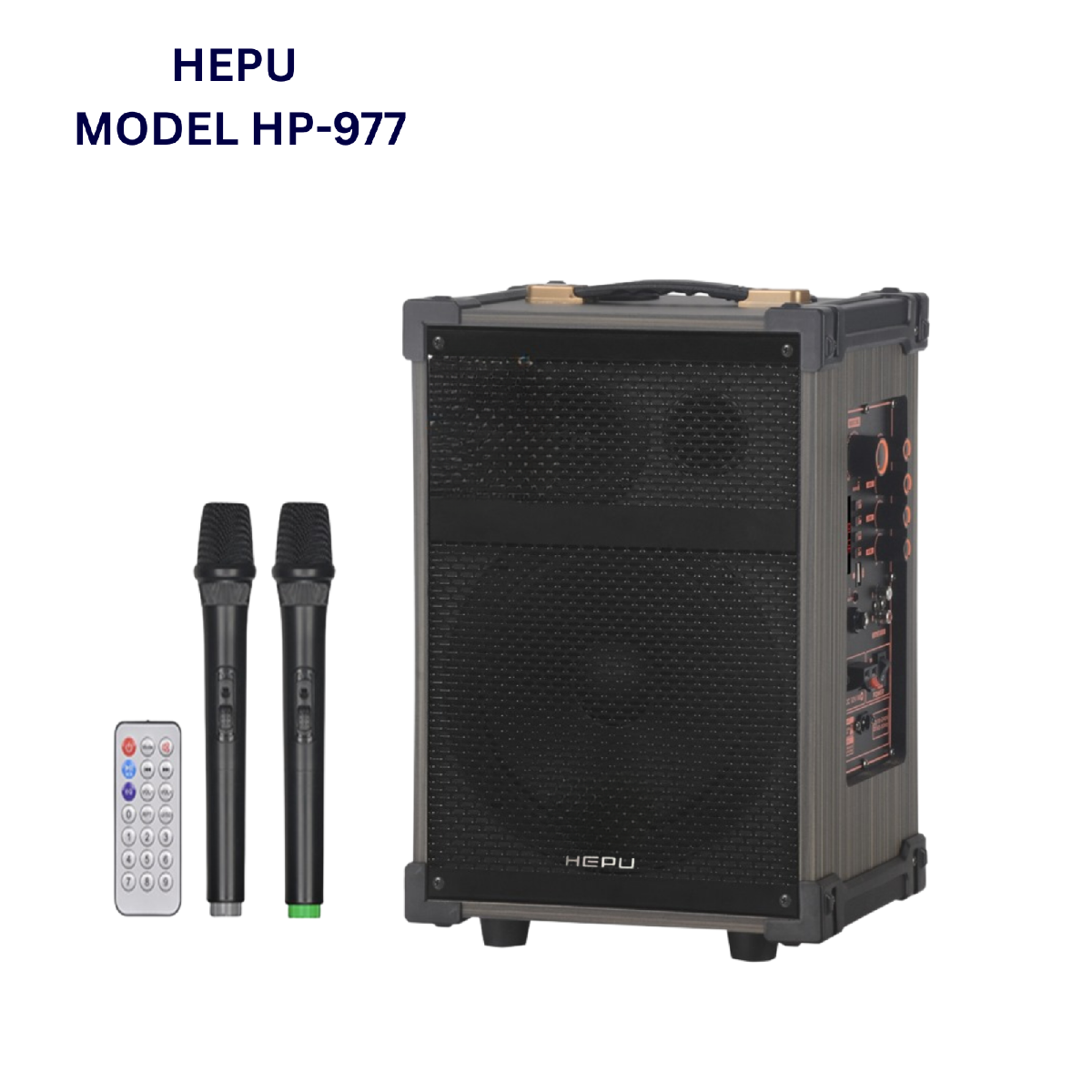 HEPU HP-977 Partybox Bluetooth Hoparlör – 12” Woofer, 50W Güç, 2 Kablosuz Mikrofon + Kumanda, TWS Destekli