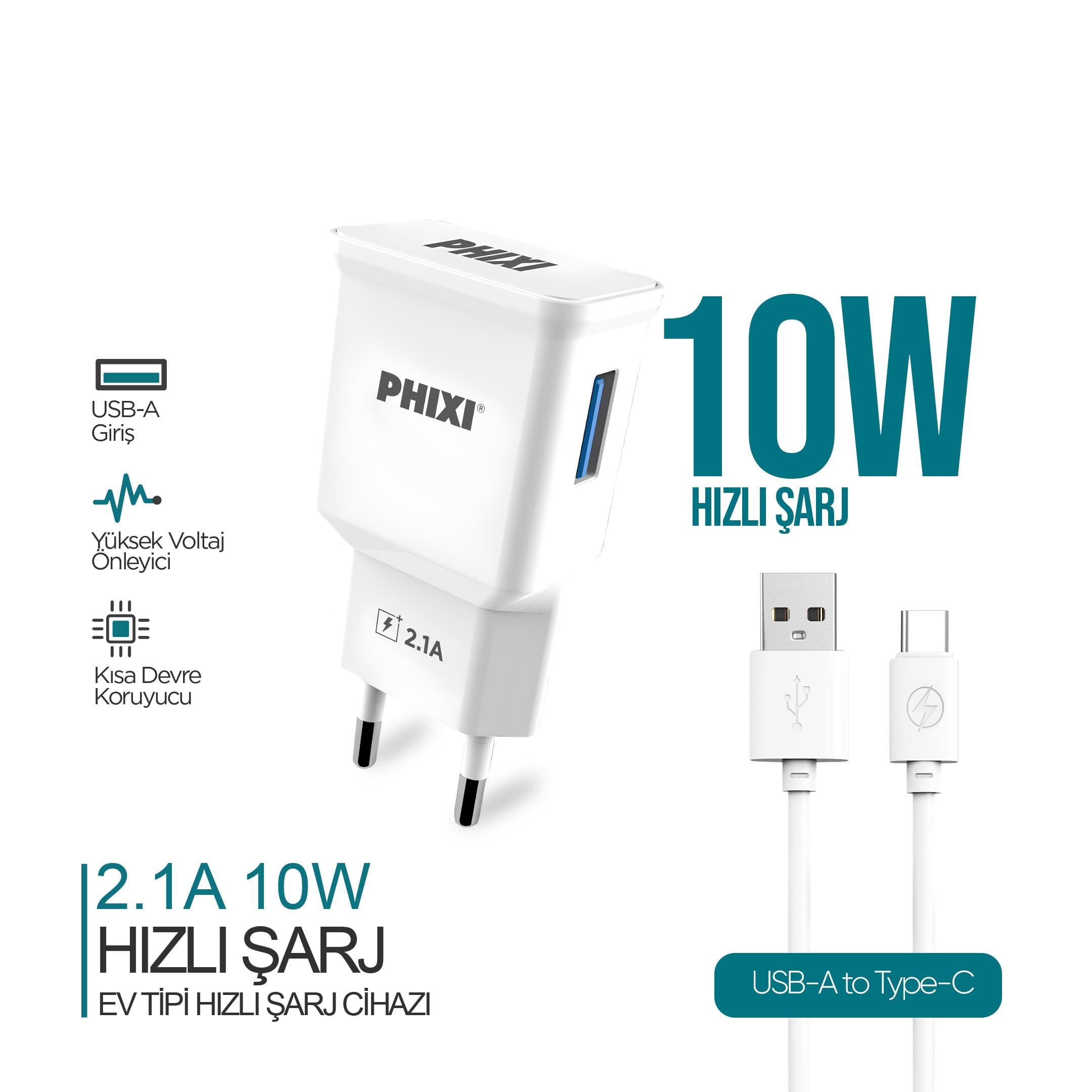 Phixi PCH201T Basic 2.1A Type-C USB Kablolu Şarj Cihazı
